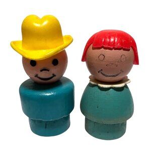 Little People Cowboy & Girl Figures w/ Red Hair Retro Wood Blue Bodies